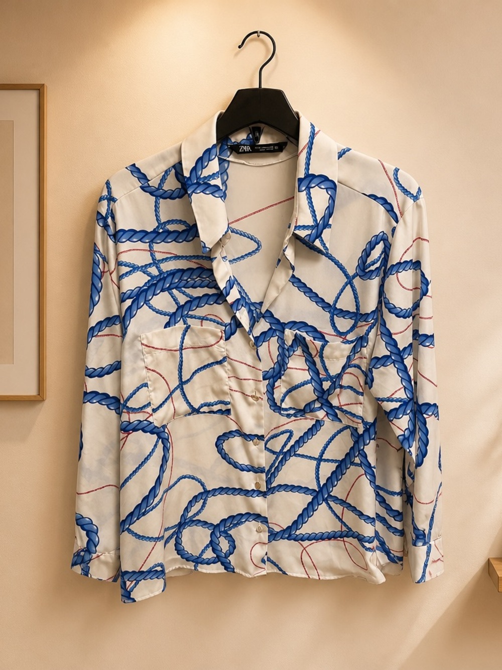 Zara White  Shirt with Blue Rope Print